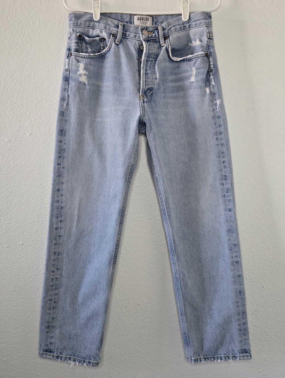 Agolde Button Fly High Rise Waist Distressed Light Wash Straight Leg Jeans sz 27